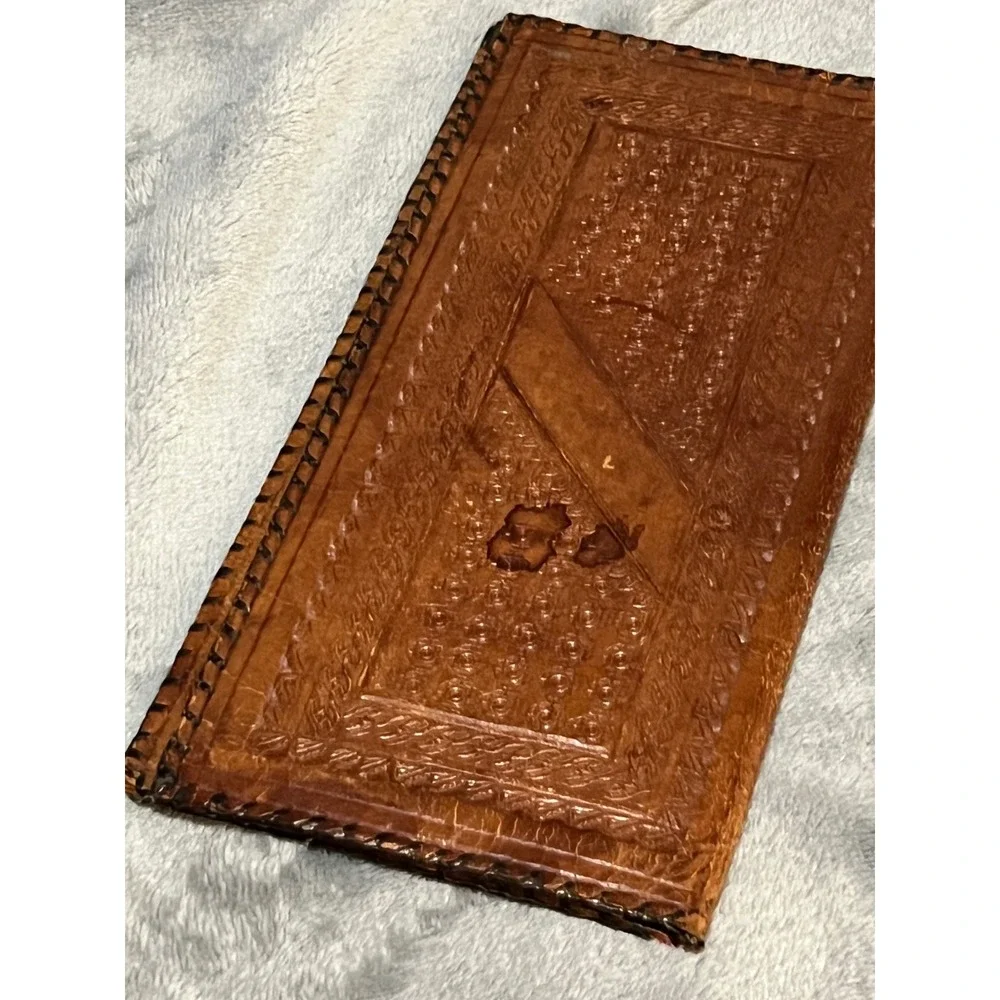 Vintage Tooled Leather Checkbook Wallet Southwest Cactus Aztec Design